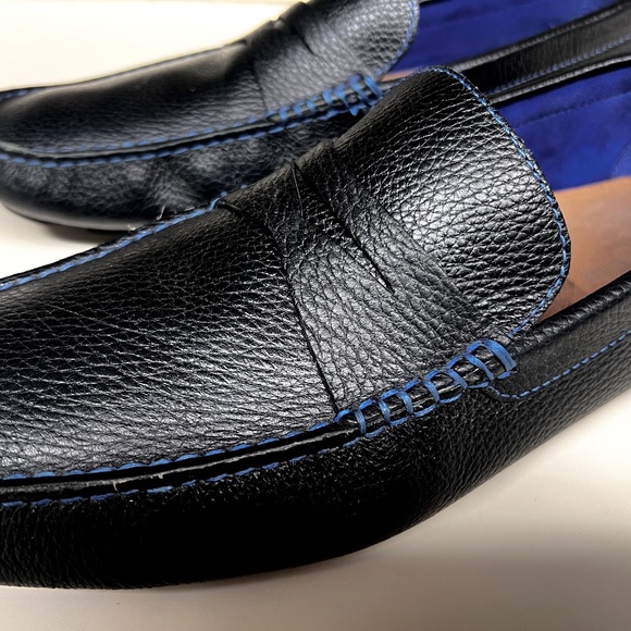 Donald J. Pliner Varran Black Pebbled Leather Loafer/Moc w/ Blue Contrast Stitch - Picture 4 of 13